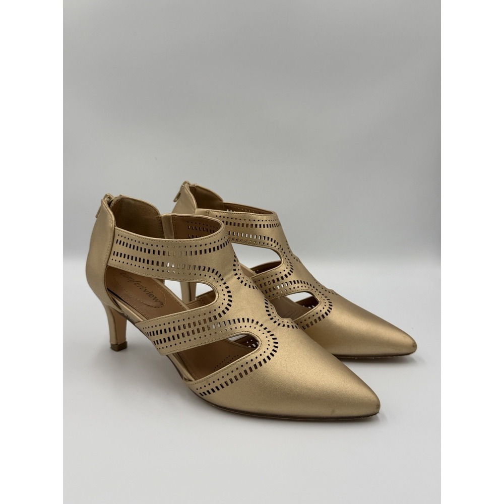 Comfortview Gold Faux Leather Cutout Pointed Toe Heels Women's 7WW Extra Wide